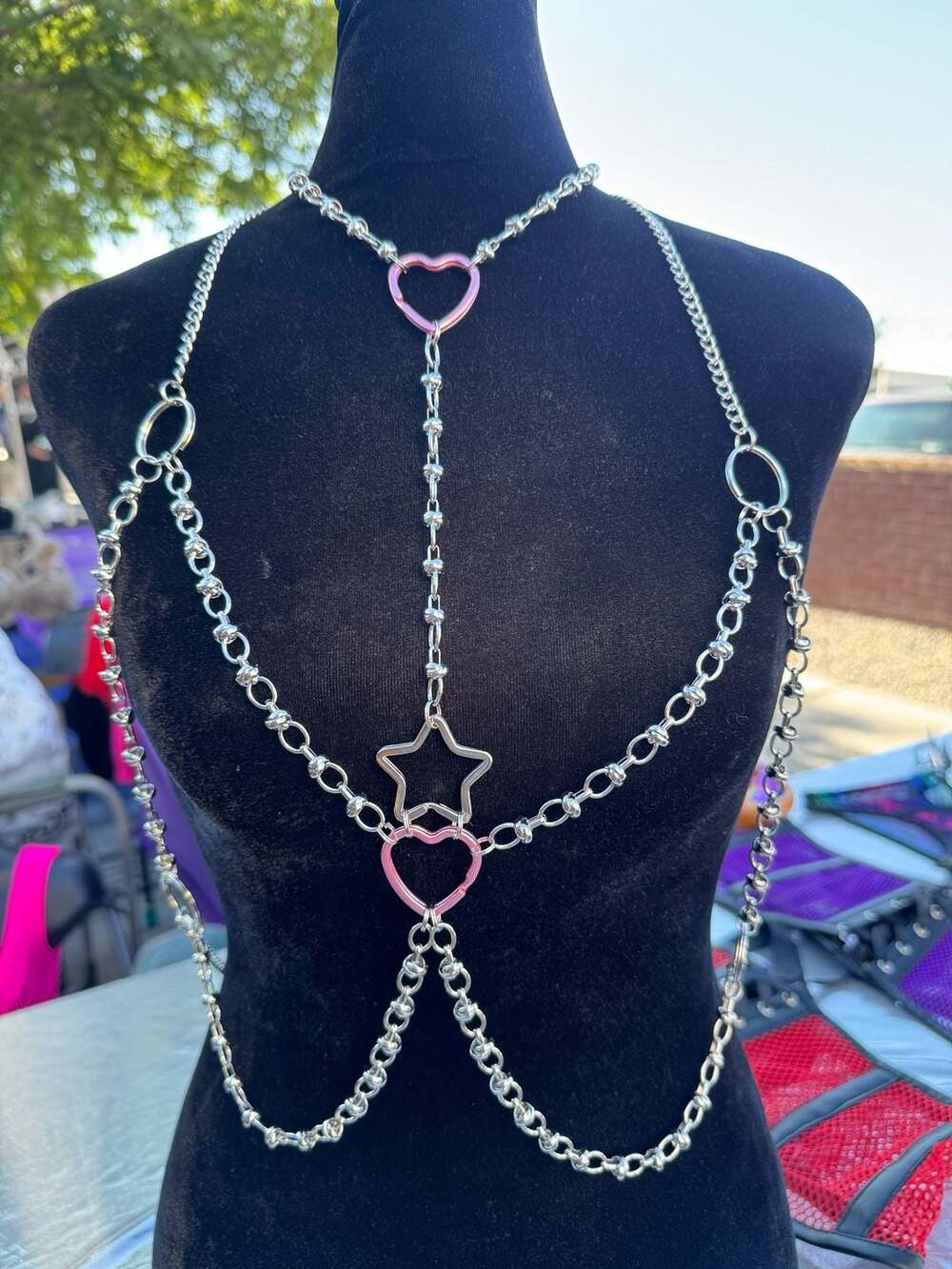 Y2K Style Silver Chain Body Harness with Pink Heart and Star Accents